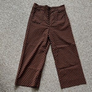 Anthropologie Maeve Colette Cropped Wide Leg Pants Orange and Black Checkered